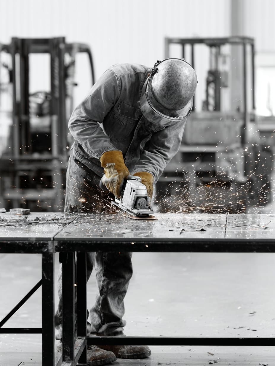 Worker grinding metal with sparks flying in fabrication workshop